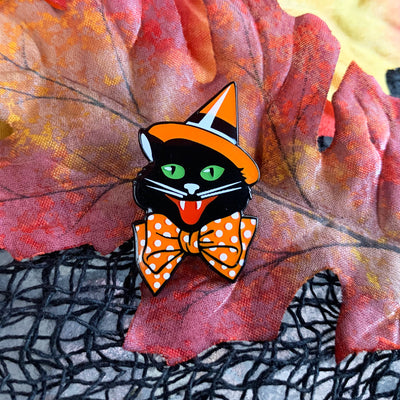 Vintage Halloween Party Cat Enamel Pin - Dystopian Designs